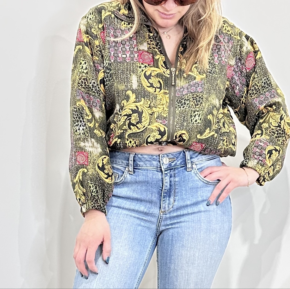 Vintage EVR Style Baroque Print Cropped Silk Bomber Jacket Maximalism